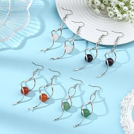 Twisted Shape Gemstone Dangle Earrings, with 304 Stainless Steel Earring Hooks, Stainless Steel Color