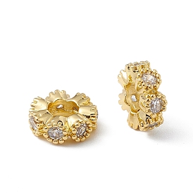 Brass Cubic Zirconia Beads, Long-Lasting Plated, Flat Round with Flower