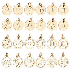 24Pcs 2 Sets 2 Styles Ion Plating(IP) 201 Stainless Steel Charms, Laser Cut, with Jump Rings, Flat Round/Ring with 12 Constellations