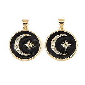 Brass Micro Pave Clear Cubic Zirconia Pendants, with Black Enamel, Flat Round with Moon & Star Charms