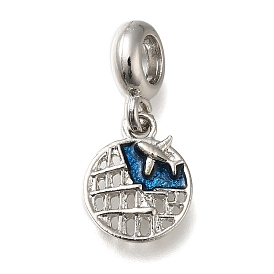 Rack Plating Alloy Enamel European Dangle Charms, Flat Round with Airplane Large Hole Pendants