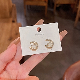 Enamel Moon & Star Stud Earrings with Clear Cubic Zirconia, Brass Earrings with 925 Sterling Silver Pins for Women