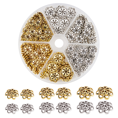 240pcs c capuchons de perles en alliage de style tibétain à pétales multiples, fleur