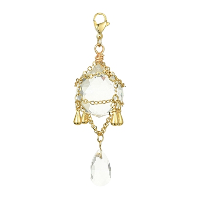 Brass Wrap Glass Teardrop Pendant Decorations, 304 Stainless Steel Lobster Claw Clasps Charm, Hot Air Balloon