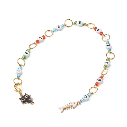 Chaînes de compteur de rangées de tricot de perles acryliques, avec perles de verre et pendentifs en alliage d'émail, chat et arête de poisson