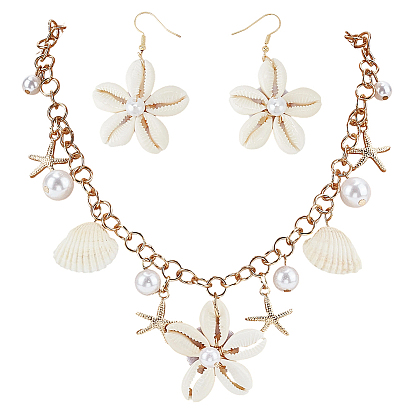 Комплекты украшений: серьги-подвески ручной работы из тростника/ротанга и железные браслеты-цепочки «Роло», с каури, Стеклянные жемчужные бусины