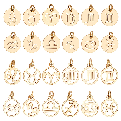 24Pcs 2 Sets 2 Styles Ion Plating(IP) 201 Stainless Steel Charms, Laser Cut, with Jump Rings, Flat Round/Ring with 12 Constellations