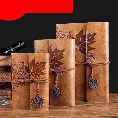 PU Leather Cover 6 Ring Binder Notebooks, Travel Journal, with String, Maple Leaf Pendants & Wood-free Paper, Rectangle