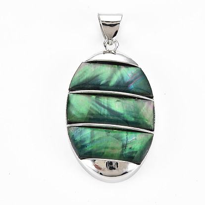 Natural Abalone Shell/Paua Shell Big Pendants, with Platinum Brass Findings, Dyed, Oval