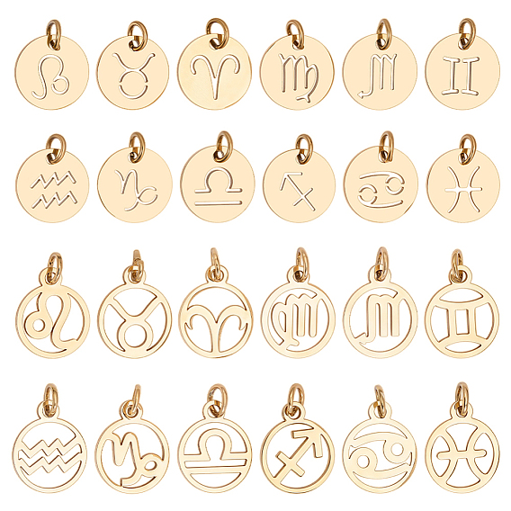 24 pièces 2 ensembles 2 styles 201 placage ionique (IP) 12 breloques en acier inoxydable, Coupe au laser, avec des anneaux de saut, rond plat/anneau avec {1} constellations