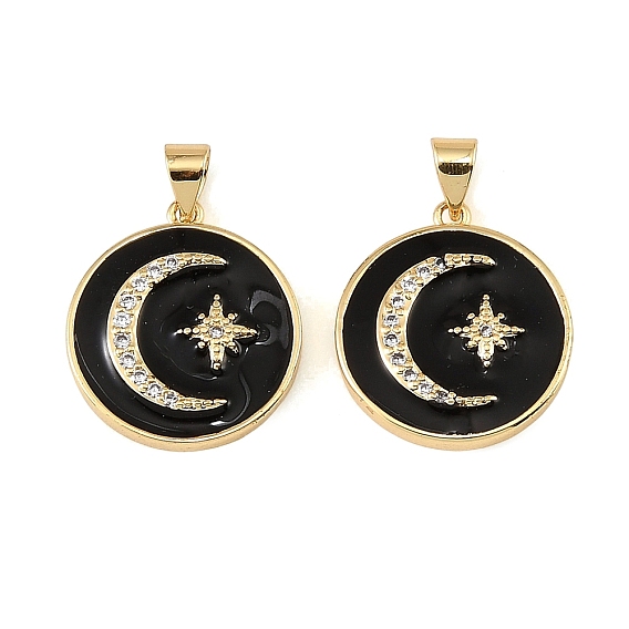 Brass Micro Pave Clear Cubic Zirconia Pendants, with Black Enamel, Flat Round with Moon & Star Charms