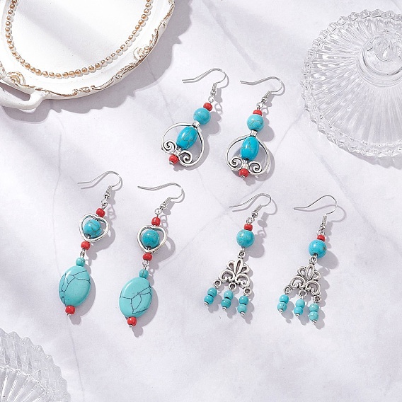 3 пары серег-подвесок из синтетической бирюзы в тибетском стиле, овальные