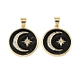 Brass Micro Pave Clear Cubic Zirconia Pendants, with Black Enamel, Flat Round with Moon & Star Charms