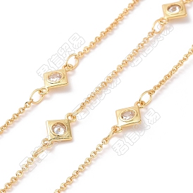 Clear Cubic Zirconia Rhombus Link Chains, with Brass Cable Chains, Unwelded, Lead Free
