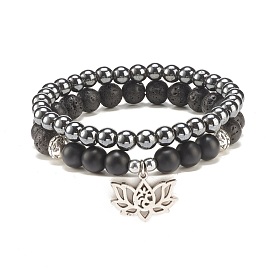 2Pcs 2 Style Natural Lava Rock & Synthetic Black Stone & Hematite Stretch Bracelets Set with Alloy Lotus, Gemstone Jewelry for Women