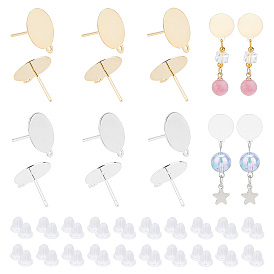 PandaHall Elite 12Pcs Rack Plating Brass Stud Earring Findings, with Loop and 925 Sterling Silver Pins, and 40Pcs Plastic Ear Nuts, Long-Lasting Plated, Flat Round