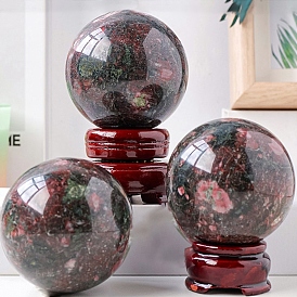 Natural Rhodonite Crystal Ball Display Decorations, Reiki Energy Stone Sphere, with Wood Base, Feng Shui Ornaments