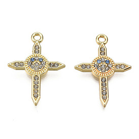 Rack Plating Alloy Pendants, with Crystal & Sapphire Rhinestone, Cadmium Free & Nickel Free & Lead Free, Cross with Smiling Face