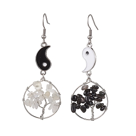 Natural Moonstone and Natural Obsidian Dangle Earrings, with Alloy Enamel Findings and 316 Stainless Steel Earring Hooks, Tree of Life