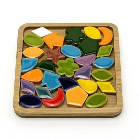 Mixed Shapes Porcelain Cabochons Sets, with Square Bamboo Base, Mosaic Tiles for Arts DIY Crafts