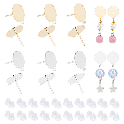 12Pcs Rack Plating Brass Stud Earring Findings, with Loop and 925 Sterling Silver Pins, and 40Pcs Plastic Ear Nuts, Long-Lasting Plated, Flat Round