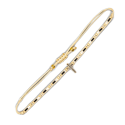 Cubic Zirconia Cross & Glass Seed Braided Bead Bracelet, Adjustable Bracelet for Women