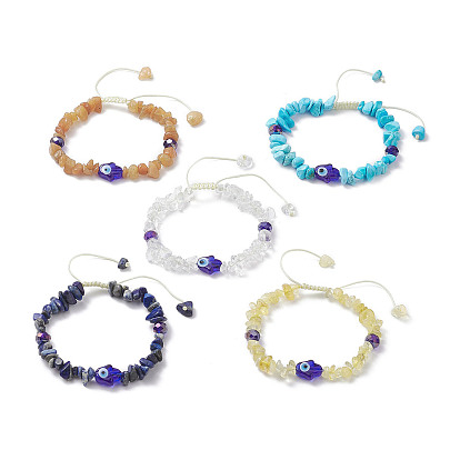 Natural & Synthetic Mixed Gemstone Chips Braided Bead Bracelet, Lampwork Hamsa Hand with Evil Eye Adjustable Bracelet for Women