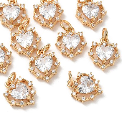 SHEGRACE Valentine's Day Brass Clear Cubic Zirconia Charms, Heart Charms, Cadmium Free & Lead Free & Nickel Free