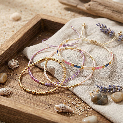 4шт. 4 стили регулируемые браслеты из плетеного бисера, украшенные стеклянными бусинами и натуральными аметистовыми бусинами, Набор эластичных браслетов из латуни и стеклянного бисера для женщин, круглые