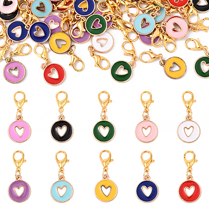 40 шт. 10 цвета цинковый сплав эмаль плоская круглая с полым сердцем подвеска украшения, с карабин-лобстерами 