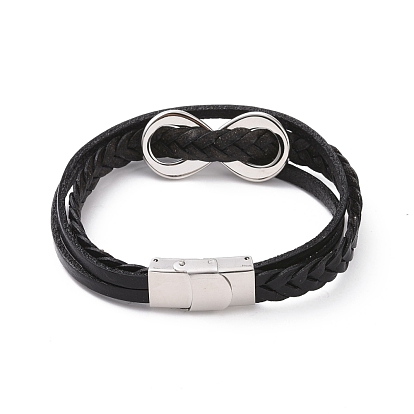 Плетеный браслет из трех нитей из кожаного шнура, 201 панк-браслет из нержавеющей стали с бесконечным бисером для мужчин и женщин