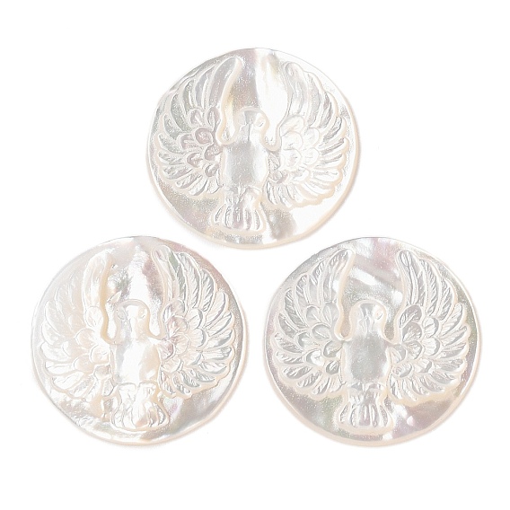 Натуральный белый кабошоны оболочки, плоский круглый с резной птицей