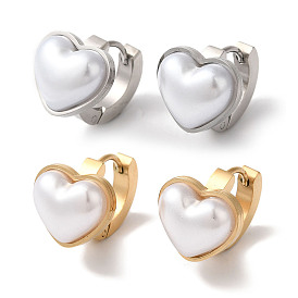 304 Stainless Steel Hoop Earrings, with Imitation Pearl for Women, Heart, White