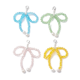 4Pcs Bowknot Shell Pearl & Glass Pendant Decorations, Alloy Lobster Claw Clasps Charms for Bag Key Chain Ornaments