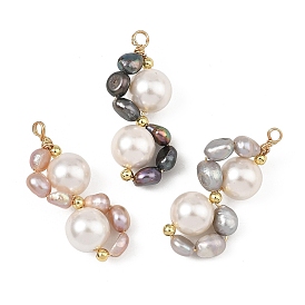 Natural Cultured Freshwater Pearl Beaded Pendants, Flower Charms with Brass Loops, Golden, Mixed Dyed and Undyed