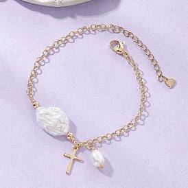 201 Браслеты из нержавеющей стали с подвесками из натурального культивированного пресноводного жемчуга, браслеты из латунной цепочки «роло» для женщин, самородки и крест, с натуральным барочным жемчугом кеши