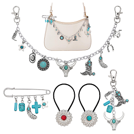 Ensembles de bijoux en alliage, turquoise synthétique et chaînes en aluminium sur le thème du Far West, Chaîne de sac à main, porte-clés, élastique à cheveux et broche, formes mixtes