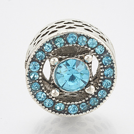 Alloy Rhinestone European Beads, Large Hole Beads, Hollow, Column, Antique Silver