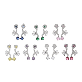 Boucles d'oreilles en laiton pavé de fleurs en zircone cubique pour femmes, platine