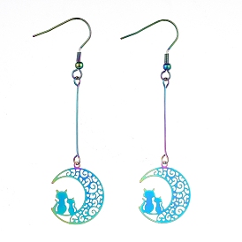 201 Stainless Steel Dangle Earrings, Etched Metal Embellishments, Moon with Cat Shape