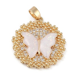 Brass Micro Pave Clear Cubic Zirconia Pendants, Round with Butterfly