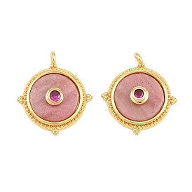 Natural Rhodonite Pendants, Brass Micro Pave Cubic Zirconia Flat Round Bezeled Charms, Long-Lasting Plated, Cadmium Free & Lead Free, Rack Plating