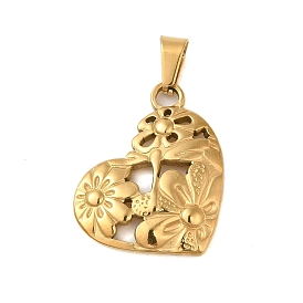 Ion Plating(IP) 304 Stainless Steel Pendants, Heart with Flower Charm