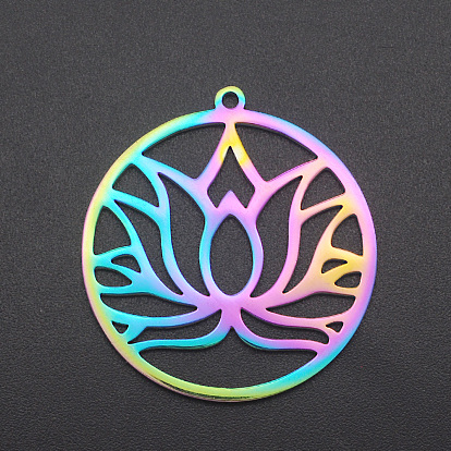 Ion Plating(IP) 201 Stainless Steel Pendants, Ring with Lotus, Laser Cut