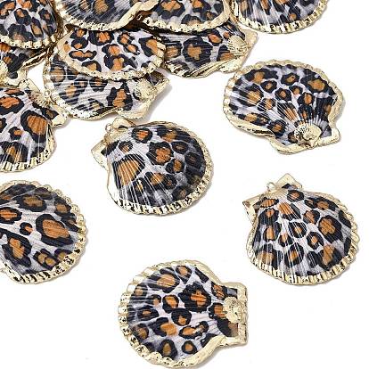Brass & Natural Shell Pendants, Leopard Print Shell Shape Charms, with Golden Plated Edge