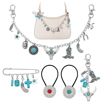 Ensembles de bijoux en alliage, turquoise synthétique et chaînes en aluminium sur le thème du Far West, Chaîne de sac à main, porte-clés, élastique à cheveux et broche, formes mixtes