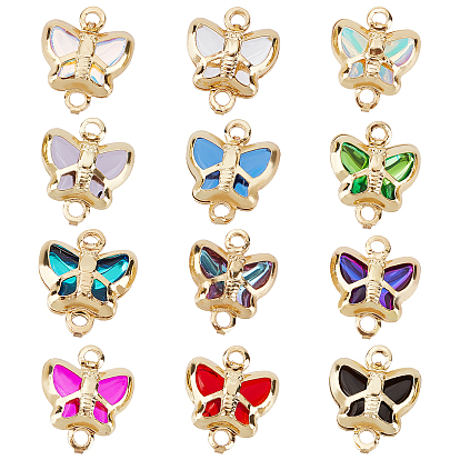 12Pcs 12 Colors Brass Glass Links Connectors, Long-Lasting Plated, Butterfly