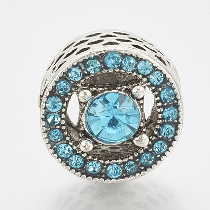Alloy Rhinestone European Beads, Large Hole Beads, Hollow, Column, Antique Silver