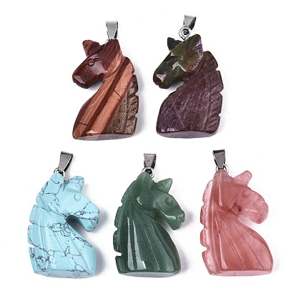 Carved Gemstone Pendants, with Stainless Steel Bails, Unicorn, Stainless Steel Color