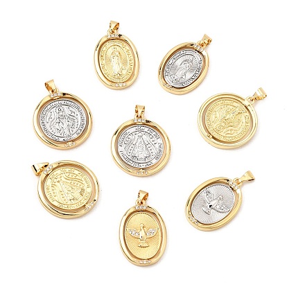 Brass Micro Pave Clear Cubic Zirconia Pendants, Flat Round/Oval Charms